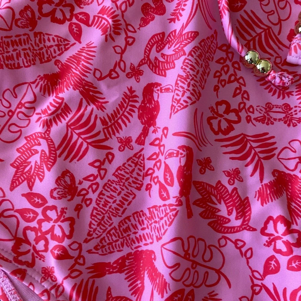 No Boundaries Pink Tropical Toucan Cheeky High Leg 1-Piece Swimsuit Medium 8-10